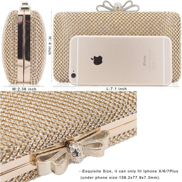 ⚡ Women's Gold Rhinestone Crystal Bow Clasp Metal Chain Evening Clutch Handbag - Picture 4 of 7
